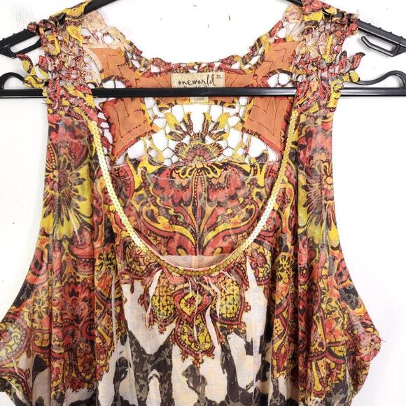One World Top Womens XL Cutout Embroidered Sleeves Artsy Abstract Sequin Neck - Picture 2 of 12